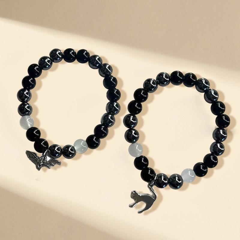 Black Red White Beaded Bracelets with Bat Cat Rose/Guitar Heart Pendant Wrist Chain Bracelet Unique Gifts for Couples