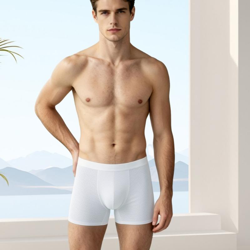 Men Casual Breathable Mesh Solid Color Mid Waist Boxer Briefs