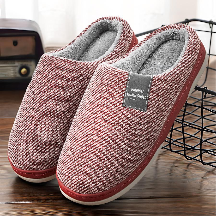 Men's Home Slippers 2024 Winter Warm Fuzzy Lined Male House Shoes Stripe Soft Memory Foam Non-slip Indoor Slipper Man Plus Size