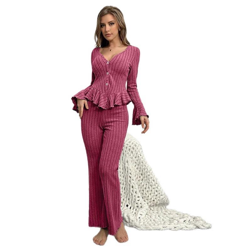 Damen V-Ausschnitt Cardigan mit Rüschen-Glockenärmeln Langarm-Schlafanzug-Set mit langer Hose