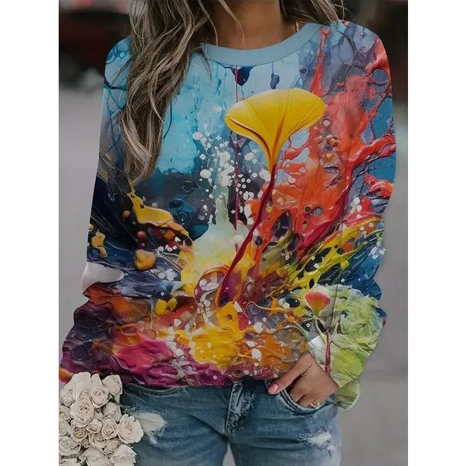 Spring and Autumn Round Neck Flower Butterfly Pattern 3D Printed Top Fashionable Casual Long Sleeved Women's T-shirts