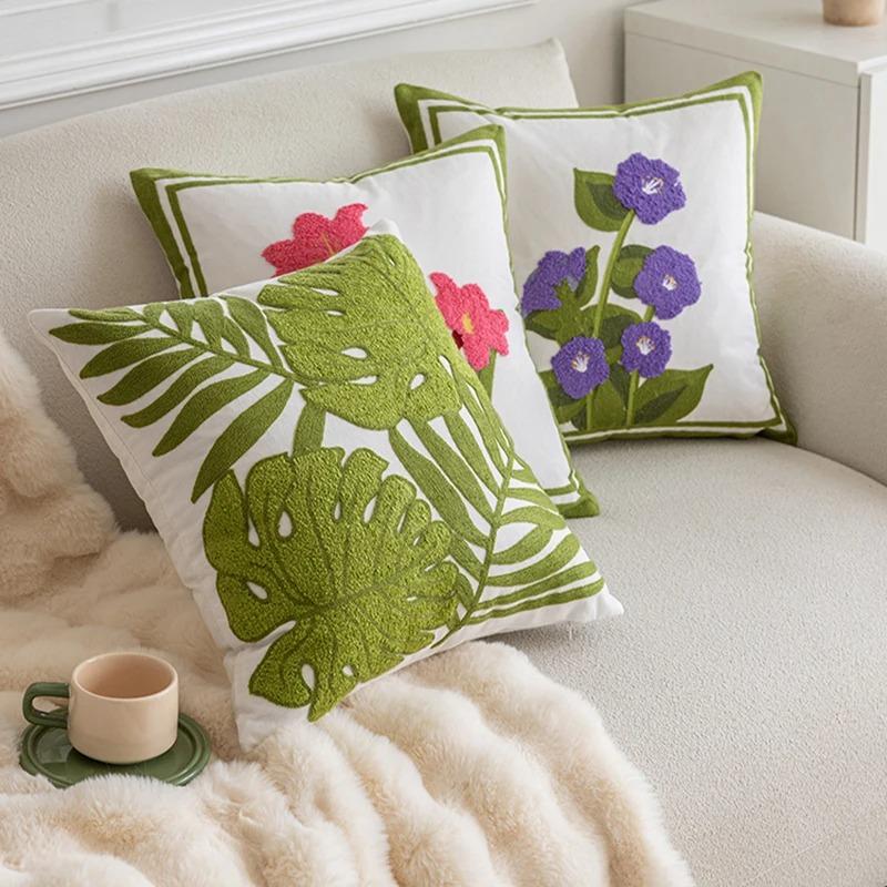 Cotton Canvas Floral Embroidery Cushion Cover American Countryside Outdoor Pillow Covers Decorative Living Room Throw Pillowcase