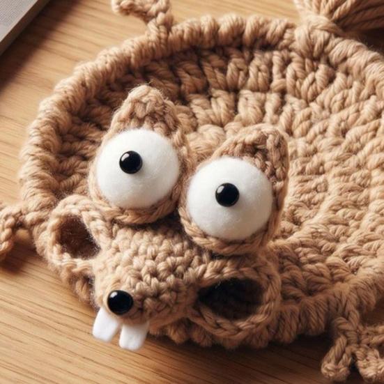 Sottobicchiere a forma di scoiattolo all'uncinetto, Sottobicchieri divertenti a forma di scoiattolo, Tappetini per tazze animali carini fatti a mano, Tappetino decorativo per tazze da bevande, Regalo per amanti degli animali