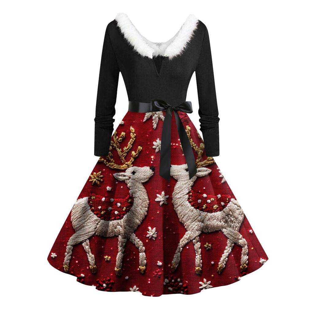 Damen Casual Fashion Langarm Weihnachten Grafik Bedruckte Vintage Lange Kleider
