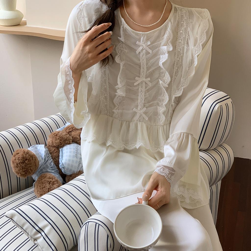 Spring and Autumn New Satin Silk Crew Neck Lace Long Sleeve Pants Pajamas Sexy Ice Silk Thin Two-piece Set