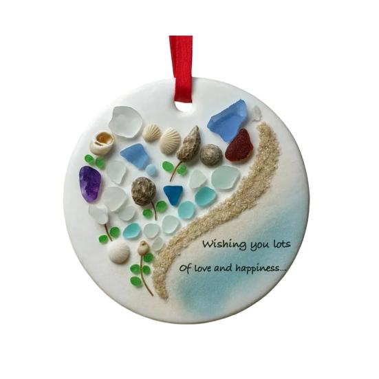 Wishing You Lots of Love And Happiness Sea Glass Ornament Handcrafted Round/Heart-Shaped Sea Glass Keepsake Christmas Tree Hanging Ornament