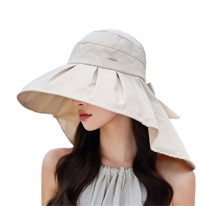 

Wide Brims Sunproof Fisherman Hat With Open Top Design Bowknot Neck Cover For Women Outdoor Activity Fishing Camping