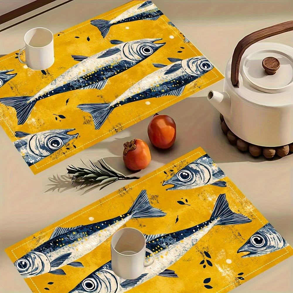 4pcs Linen Placemats Set, Ocean Fish Art Placemats, Suitable for Kitchen Dining Decor, Family Gathering Dinner Table Decoration, Hotel Cafe Table