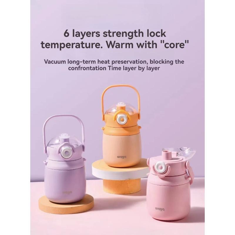 0.8L Cup Water Bottle with Straw Large Vaccum Flasks Stainless Steel Vacuum Cup with Strap LeakProof Portable Thermos for School