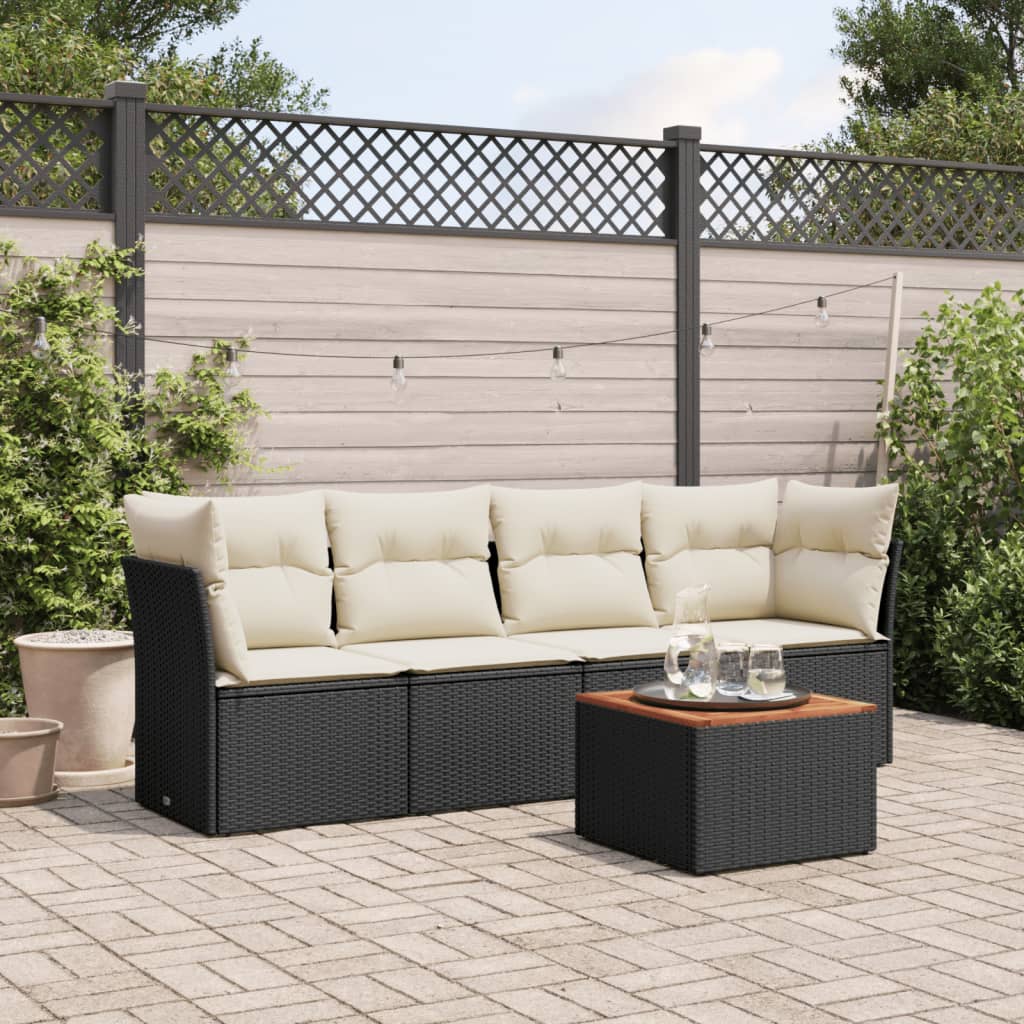 5 Piece Outdoor Sofa Set with Cushions Black Poly Rattan