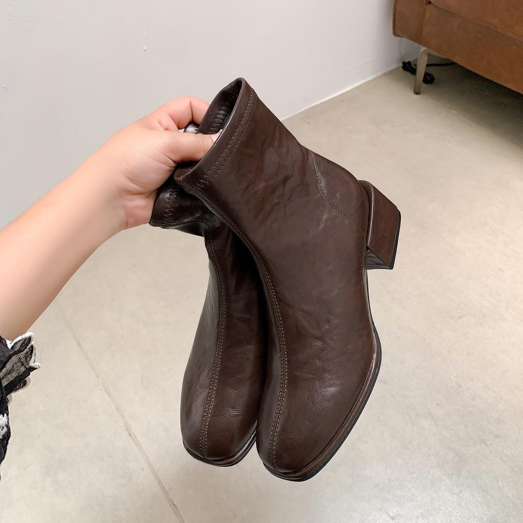 Women'S Autumn Boots Genuine Leather  New Autumn Winter Thick Heel Retro British Style Short Boots Casual Low Boots Women