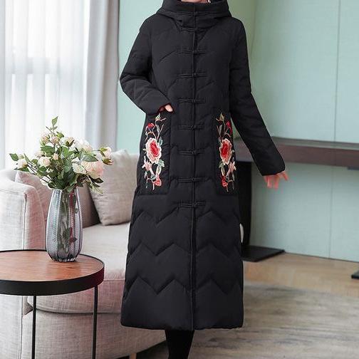 Mittellange und lange Baumwollgepolsterte Damenkleidung 2024 neue bestickte Kniepolsterjacken windgepolsterte Kleidung verdickte Winterkleidung schwarz