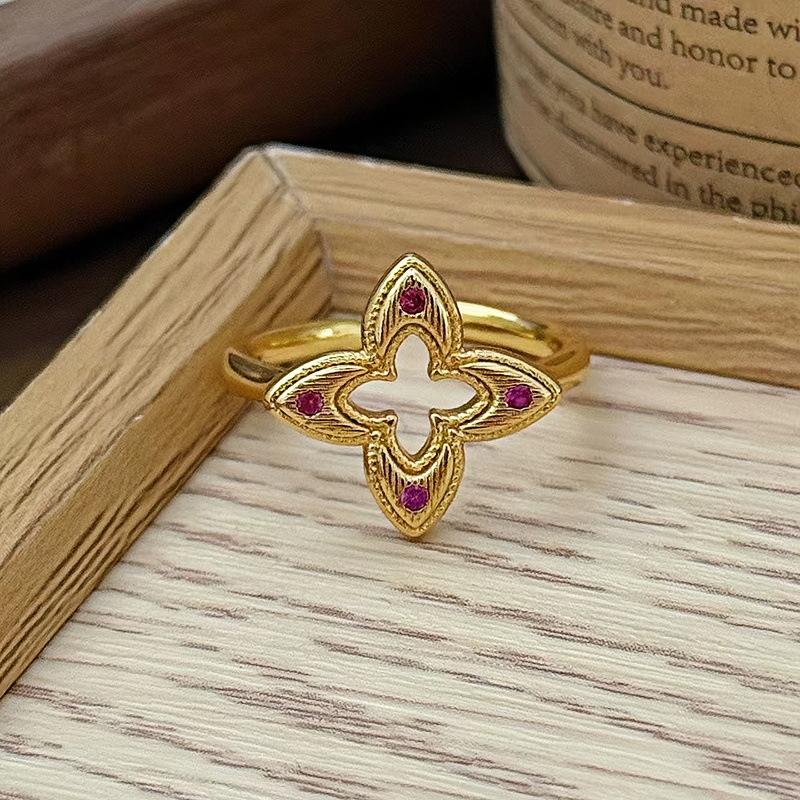 French Medieval Retro Brushed Four-Leaf Clover Open Ring Niche High-End Diamond-Encrusted Zircon Flower Index Finger Ring Female