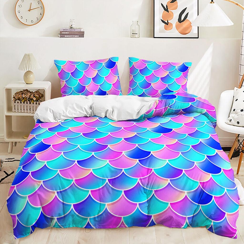 Ombre Gradient Colorful Fish Scales Mermaid Kids Duvet Doona Quilt Cover Bed Set