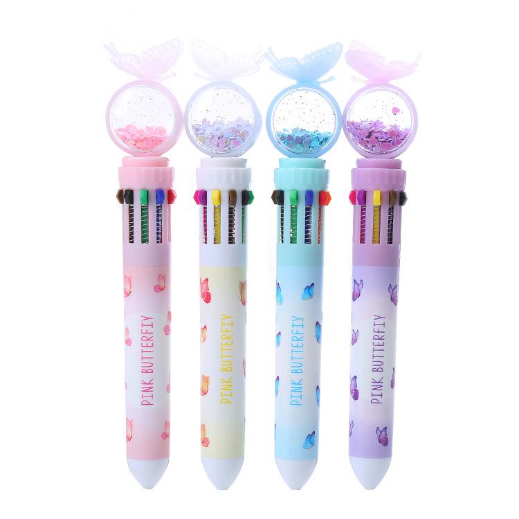 Sequin Butterfly 10 Colors Ballpoint Pen, Multicolor Student Oil Pen, Ins Style Journal Pen