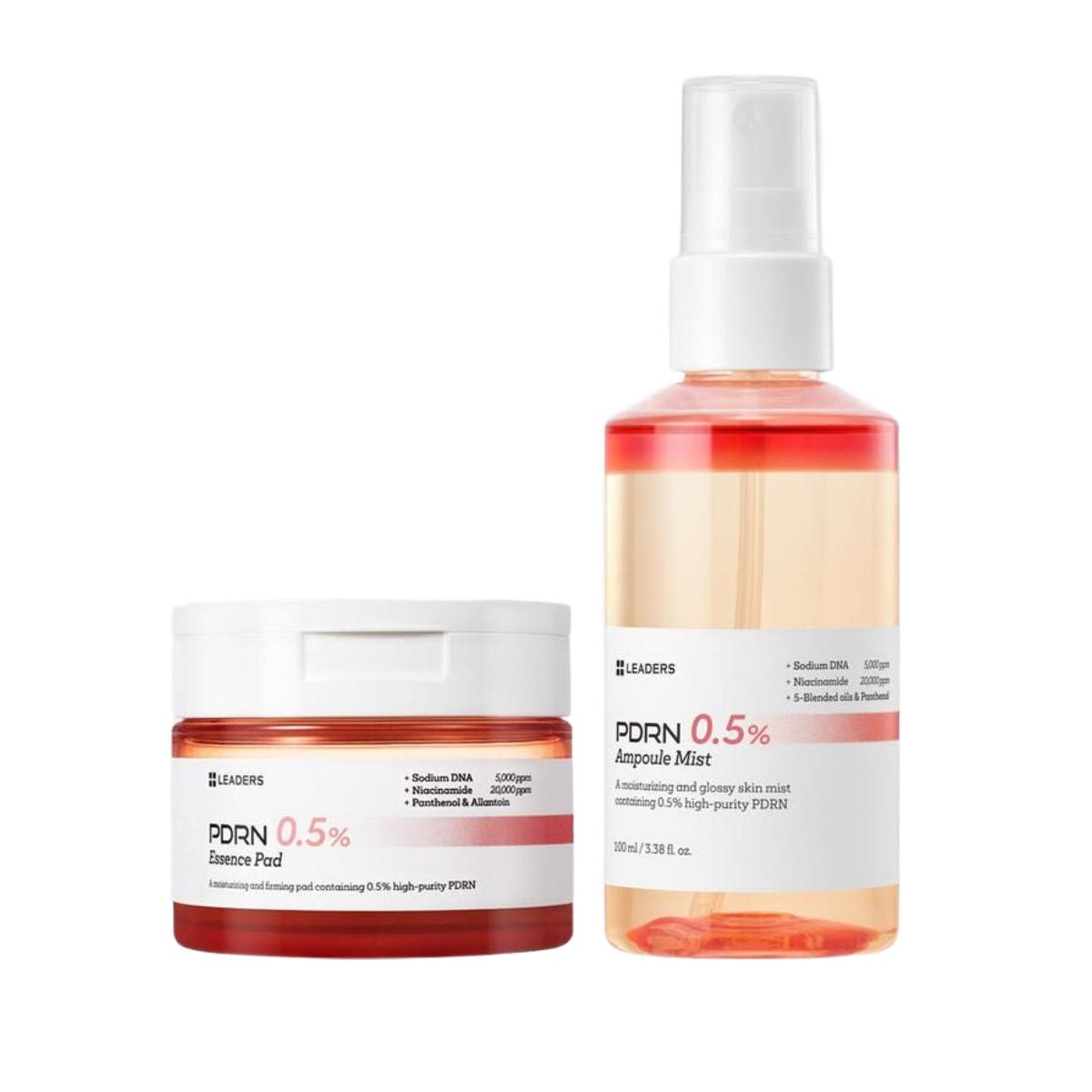 LEADERS PDRN 0.5% Ampoule Mist & Essence Pad Set Hydrating Glowing 100ml + 70 Pads