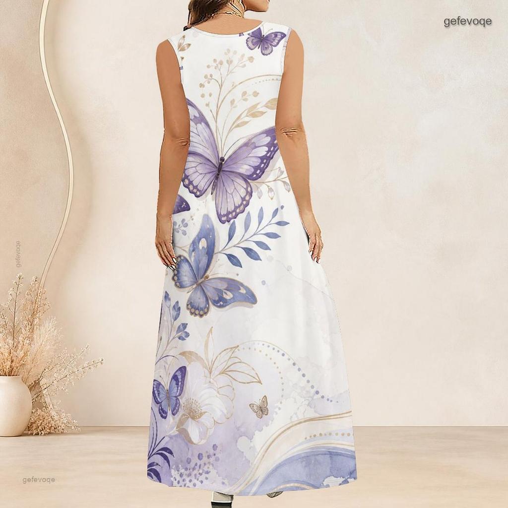 Women Plus Size Scoop Neck Sleeveless A Line Black Floral Butterfly Print Maxi Dress