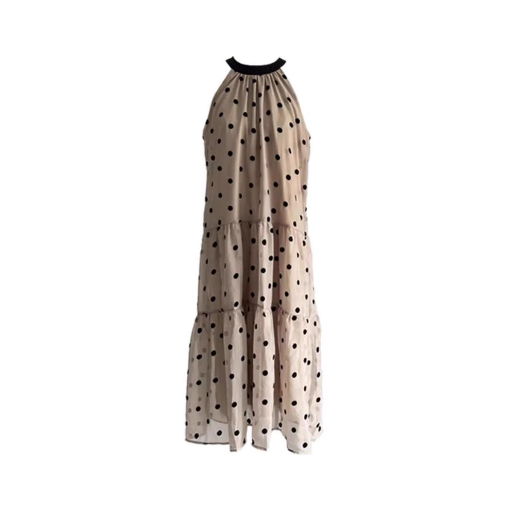 Romantic Summer Polka Dot Neck Sleeveless Dress Women's Summer New Thin Holiday Temperament Medium and Long Dress