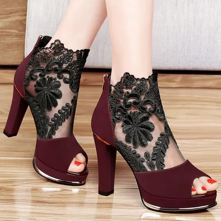 Fashion Mesh Peep Toe Sandals Women's Sexy Heels Single Shoes Women in Europe America Spring Autumn Gauze Platform Pumps female