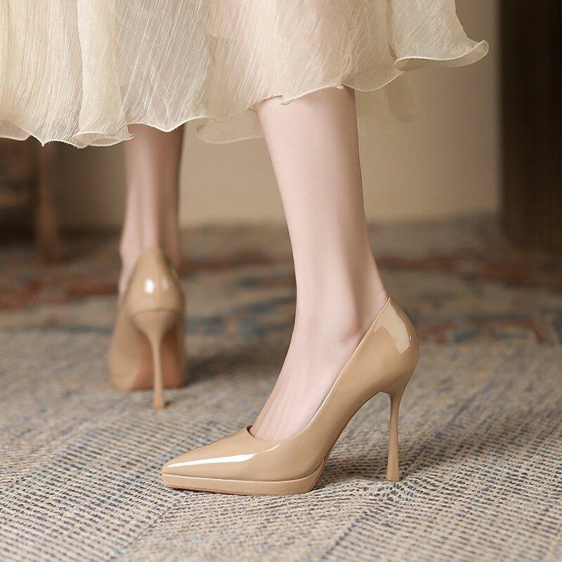 Pointed Temperament Waterproof Table Stiletto High Heels 2025 New Nude 11cm Internet Celebrity Sexy Patent Leather Single Shoes Women