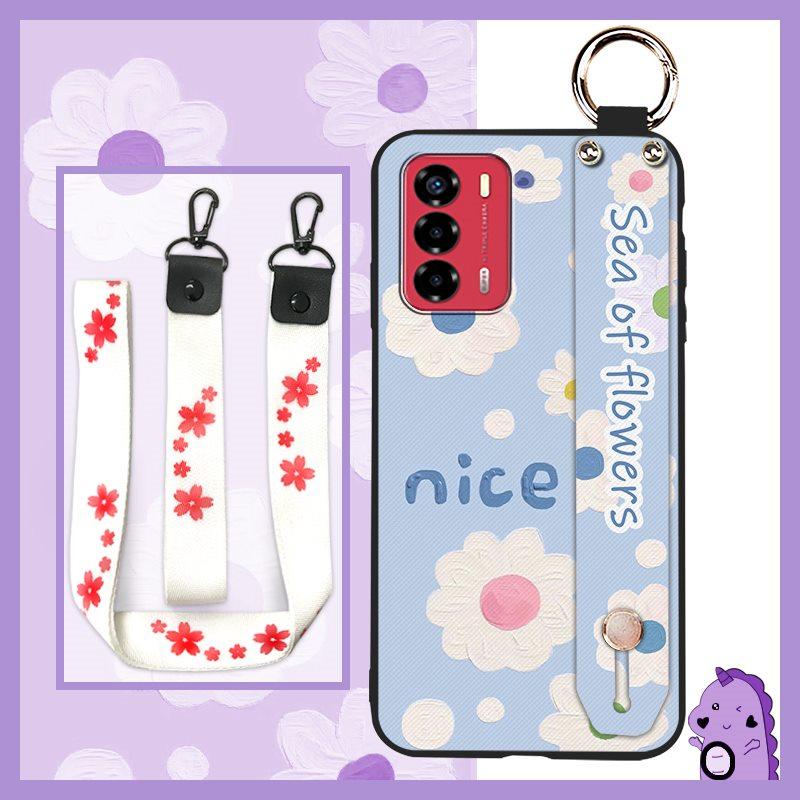 Durable Lanyard Phone Case For ZTE Blade V40 Vita/A72 Ring Anti-dust Fashion Design Silicone Kickstand Waterproof Flower