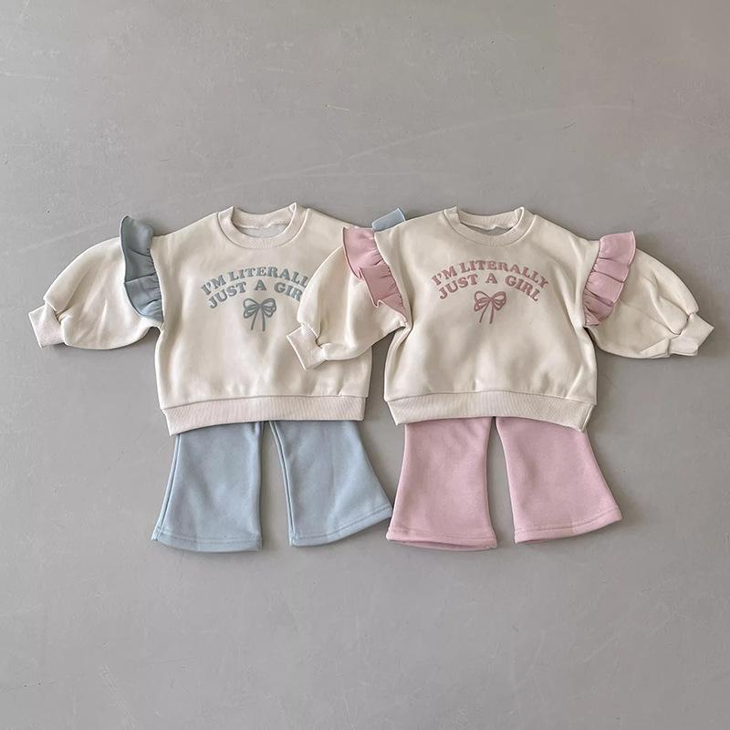 Trendy Spring & Autumn Girls' Lace Bow Cartoon Two-Piece Set