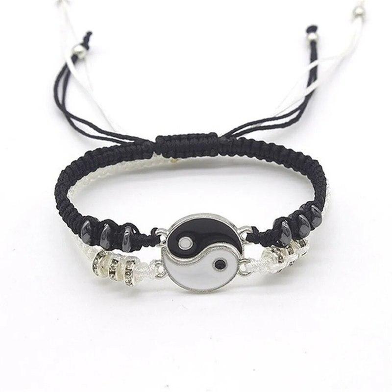 2 PC Jewelry Set Couple Black White Tai Chi Bracelet Rope Adjustable Chain Set Simple Style Daily Wear Jewelry