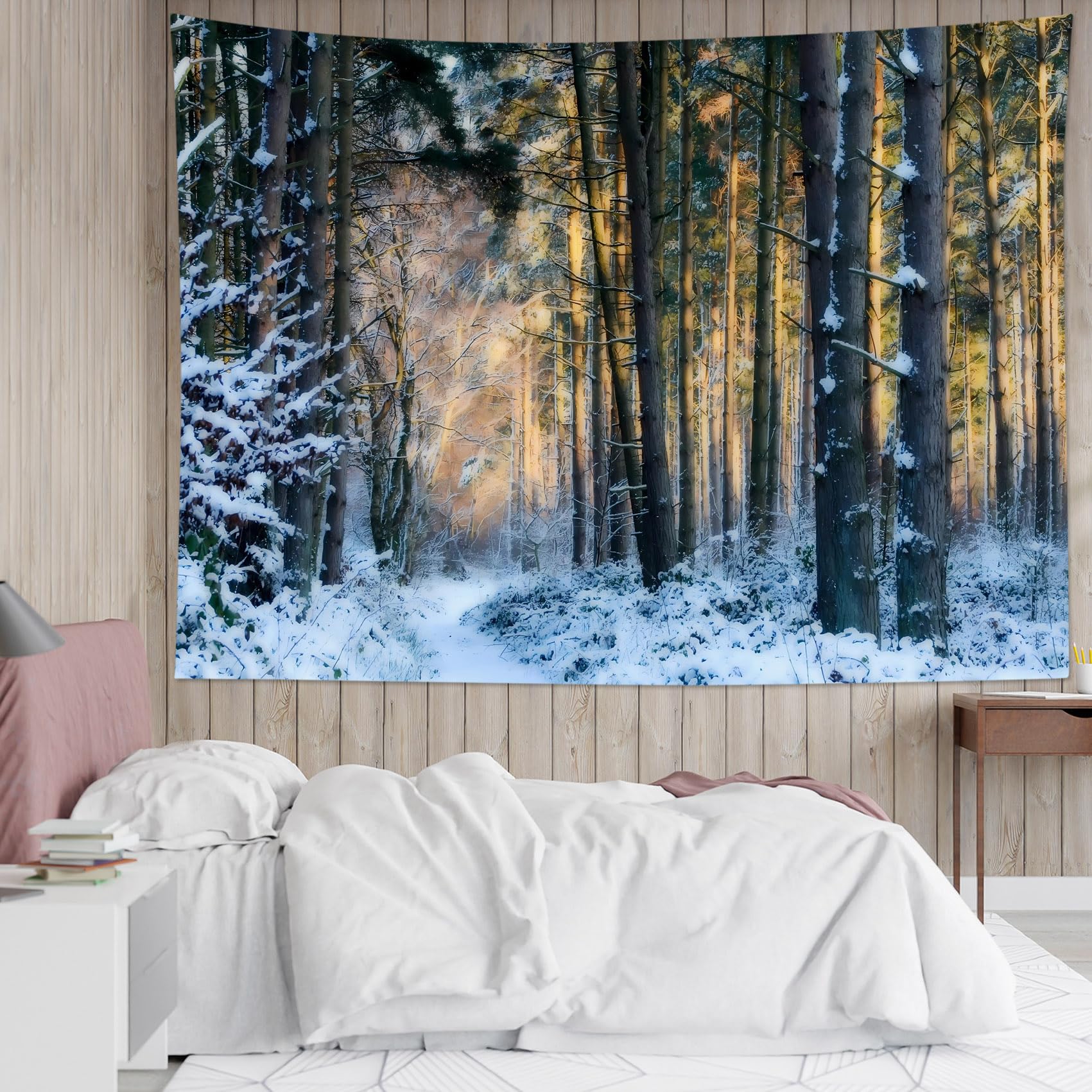 Winter Forest Christmas Tapestry, Snowflake With Xmas Brown And Green Pine Tree Wall Tapestry For Bedroom, Winter Snow Scene 70x100CM