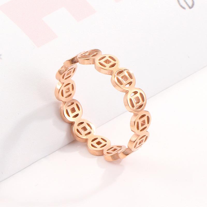 Fashion Rose Gold Color Cute Coin Tail Rings for Woman Hollow Stainless Steel Charm Jewelry Chinese Style Prevent Girl Gifts