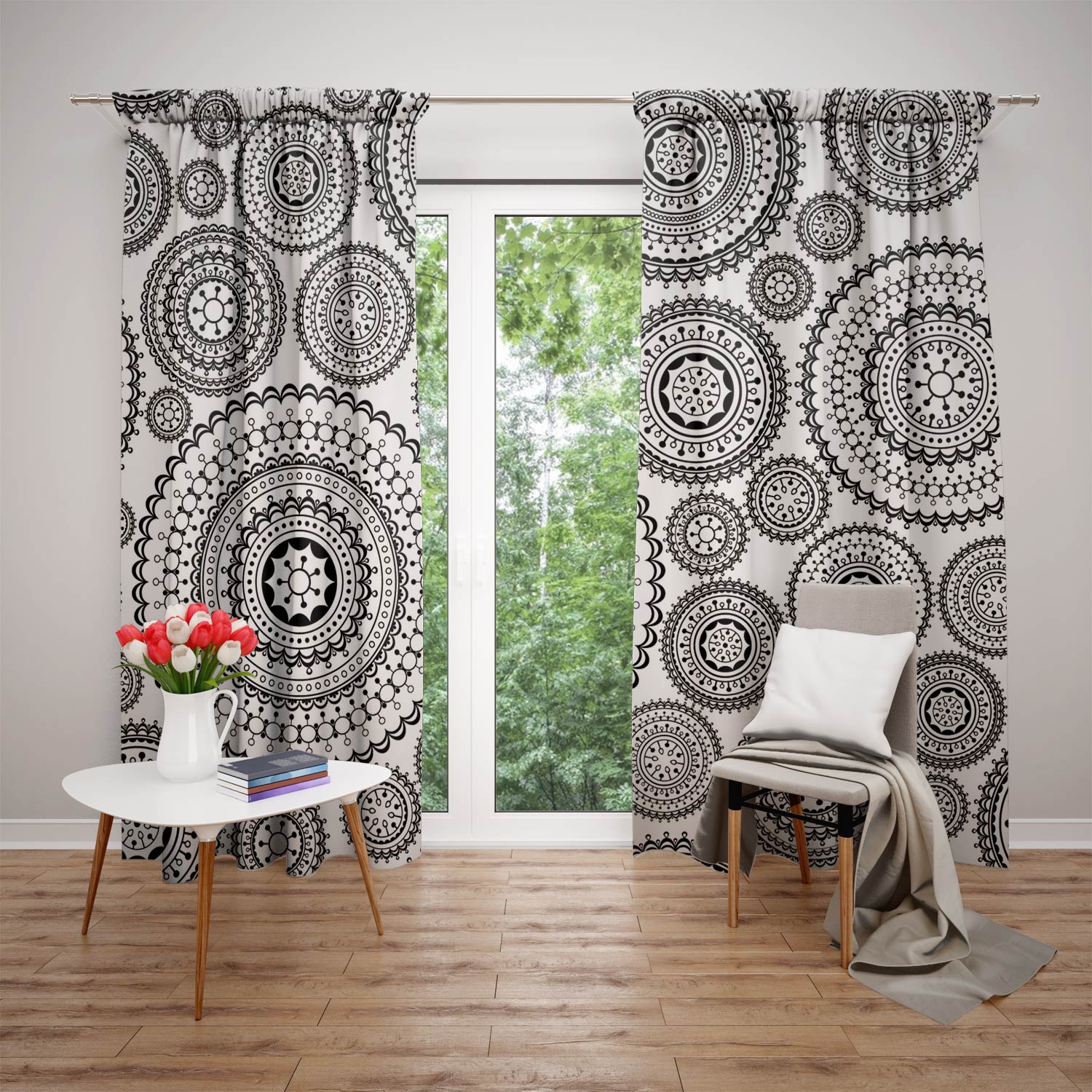 

2 шт. Шторы с геометрическим принтом, Полиэфирное волокно, Двойное открытие слева и справа 75x166cm чёрный