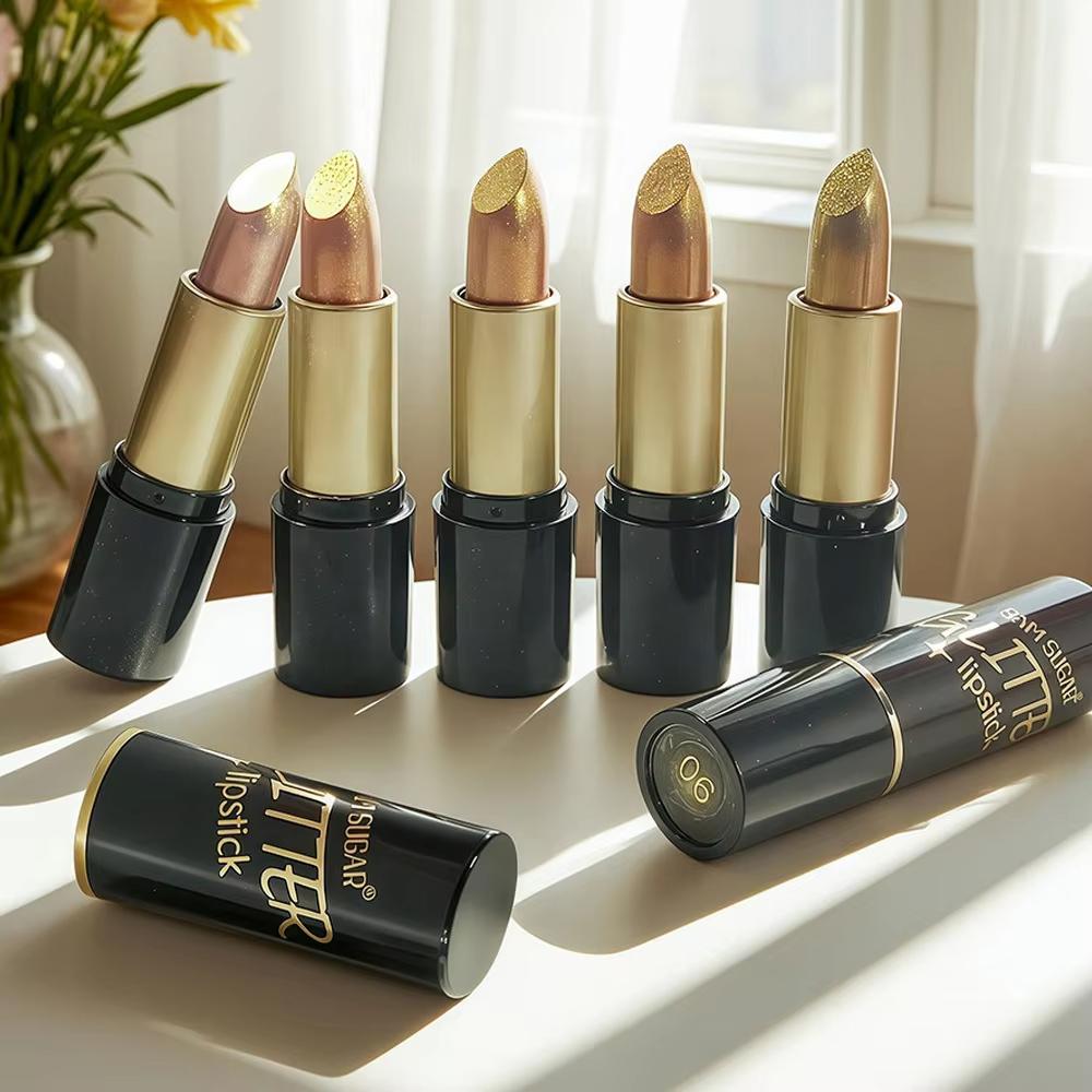6 Colors Glitter Lipstick Diamond Pearlescent Gold Sexy Red Lipssticks Waterproof Lasting Non-Sticky High-Shine Lip Gloss Makeup