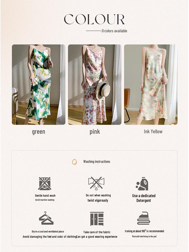 New Women's French Floral Mulberry Silk Satin V-Neck A-Line Camisole Dress - Slimming Summer Style