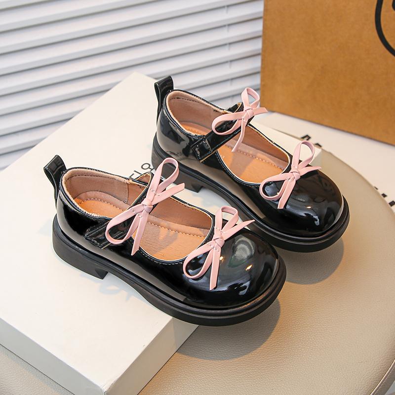 

Spring Girl s Mary Janes Sliver Black Bowknot Elegant Kids Leather Shoes Chunky Round Toe Beautiful Chic Children Flat Shoe26-36 36-insole22.2CM чёрный