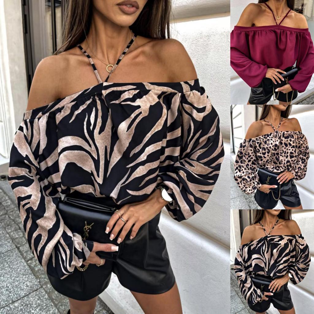 2025 New Sexy Off-Shoulder Halter Long Sleeve Printed Lantern Sleeve Top for Women
