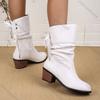 Fashion Comemore Autumn Winter New Middle Heel Lace-up Mid-calf Boots for Women Casual Solid Thick Heeled Female Round Toe Short Boats