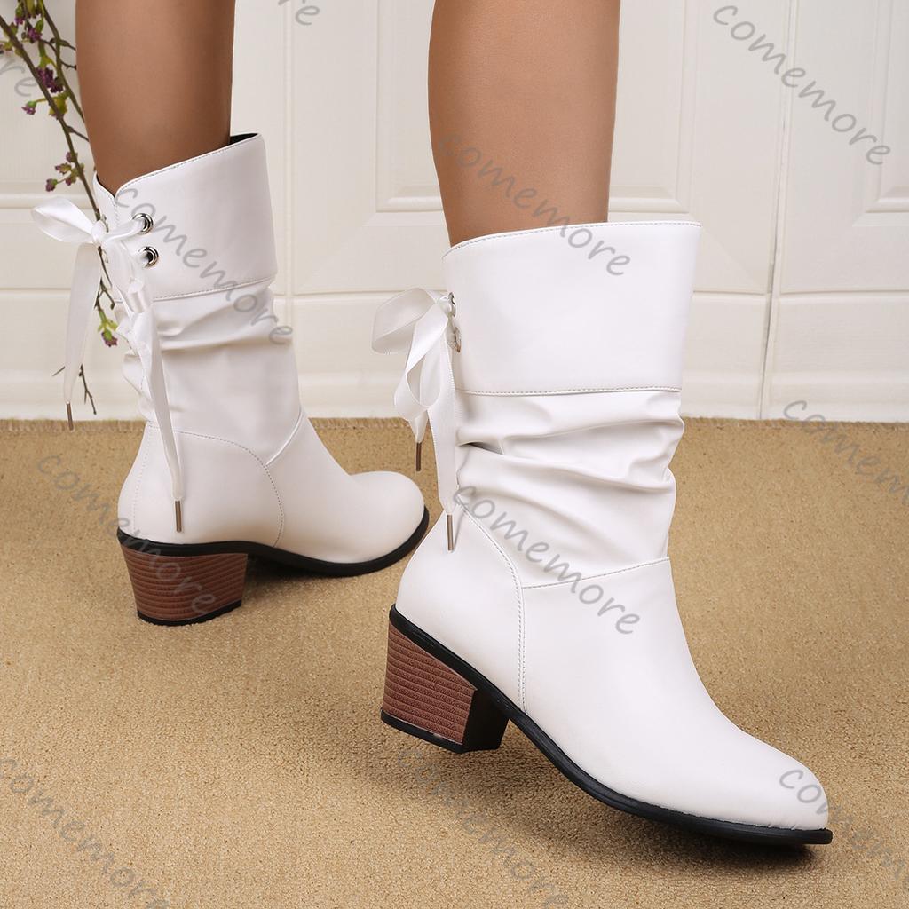 Fashion Comemore Autumn Winter New Middle Heel Lace-up Mid-calf Boots for Women Casual Solid Thick Heeled Female Round Toe Short Boats