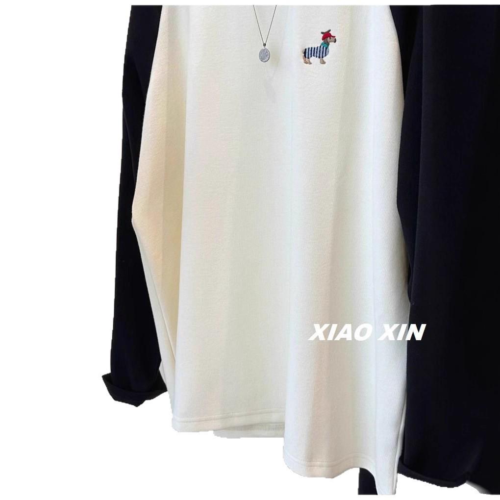 Cartoon Embroidery Puppy Cashmere Base Layer Long Sleeve T-shirt for Plus Size Women - Autumn/Winter Collection