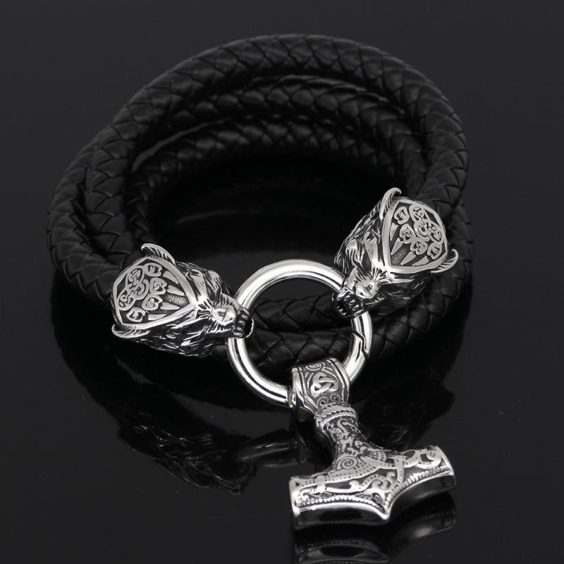 New High Quality Viking Wolf Head Leather Necklace Thor Hammer Pendant Jewelry Gift