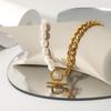 European and American Classical OT Buckle Cuban Chain Freshwater Necklace Pearl Stainless Steel Half Chain Half Pearl Splicing Necklace