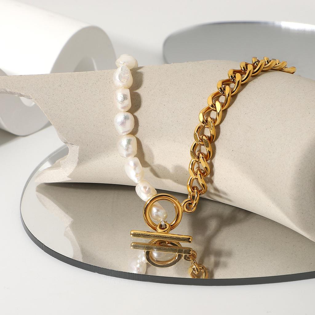 European and American Classical OT Buckle Cuban Chain Freshwater Necklace Pearl Stainless Steel Half Chain Half Pearl Splicing Necklace