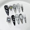 10pcs Stiletto Almond Press On Nails Dark Blue Cat Eye Y2K False Nails With 3D Design Artificial Detachable Full Cover Nail Tips