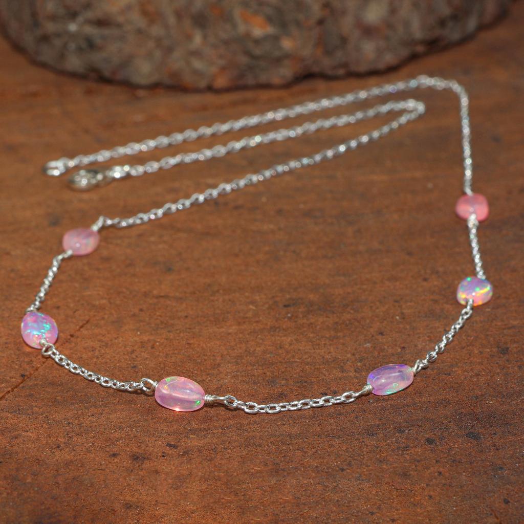 Pink Fire Opal Tumble Beads Chain Necklace, Fire Opal Gemstone Chain Necklace, Opal Handmade Jewelry for Women, Birthstone Gift for Mom