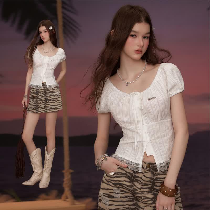 unifree French Chic Short Sleeve Lace Blouse