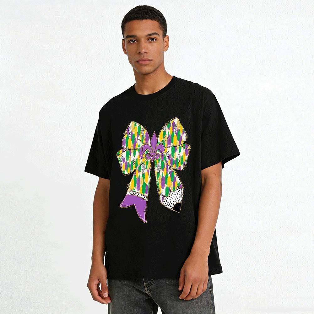 Mardi Gras Fleur De Lis Plaid Bow Print Casual Top Pure cotton T-shirt