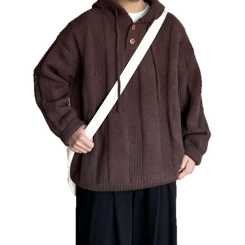 Pánský japonský pletený svetr s kapucí v barvě kávy - Teplý, volný střih pro podzim/zimu