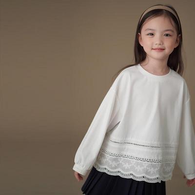 Hacikis Girls' Spring/Autumn Knit Lace Long-Sleeve T-Shirt