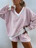 European & American Style Striped V-Neck Women's T-shirt and Shorts Set - Fashionable Casual Wear for 2026