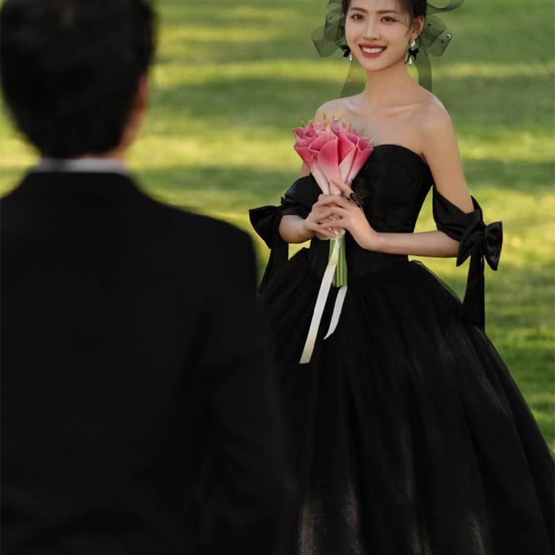 Schwarzes Hochzeitskleid 2025 neue Kleidung leichter Tüll Reisefotografie Bankettkleid