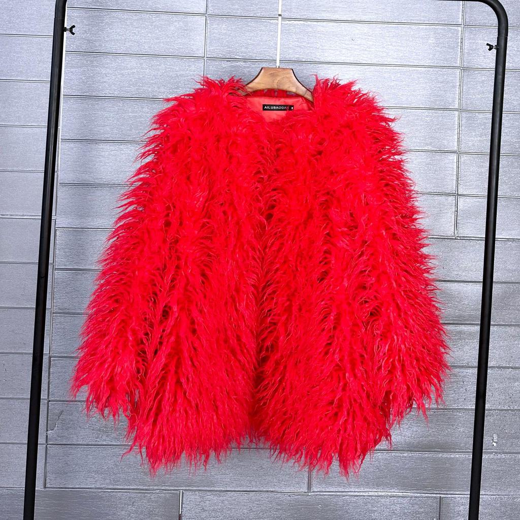 Korean Style Women's Tan Faux Lamb Wool Mid-Length Coat