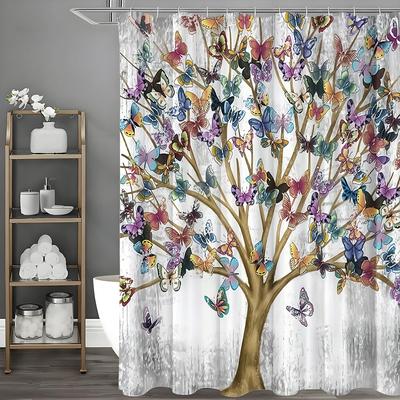 Butterfly Tree Shower Curtain, Bathroom Decorative Shower Curtain, Waterproof Shower Curtain with Hooks